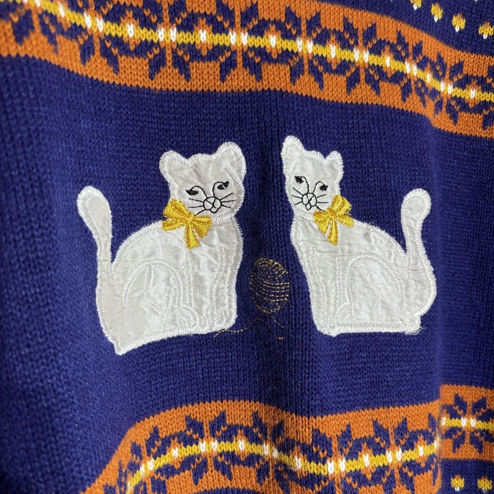 Vintage Jennifer Adams Sweater Womens Large Blue Cat Knit Novelty Made USA 90s - Picture 2 of 14